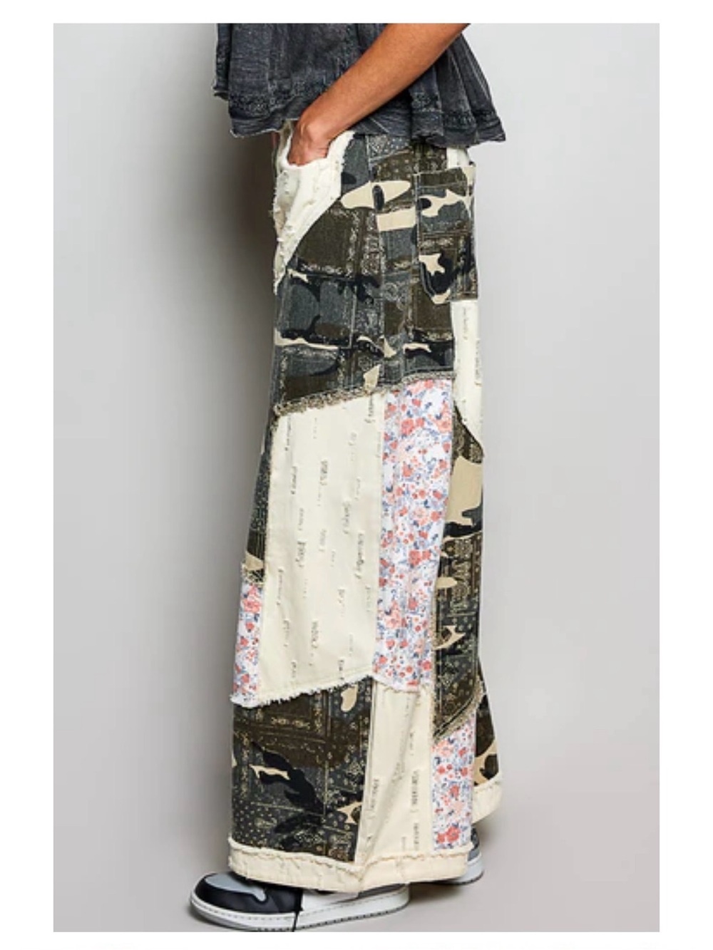Wide-Leg Patchwork Pants in Olive & Cream - Picture 6 of 11